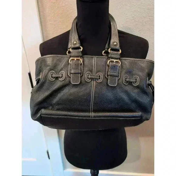 Dooney And Bourke Black Leather Handbag Gold Hardware Double Handle White Stitch - Picture 5 of 7